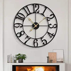 LEIKE Large Wall Clocks,Silent,Non Ticking,Battery Operated Rustic Round Modern Big Metal Wall Clock for Living Room, Bedroom,Kitchen,Farmhouse,Office,Home Decor-16 Inch(Black-Arabic Number)