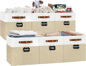 13x13 Storage Cubes 6-Pack, Large Foldable Fabric Cube Storage Bin with Reinforced Bottom and Labels, Organizer Baskets for Shelves, Closets(White/Khaki)