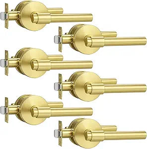 KNOBWELL Gold Door Handles, 6 Pack Golden Door Knob No Lock for Closet Hallway Doors, Heavy Duty Unversible Right/Left Handed Levers, Silent Passage Handle fits Standard Doors