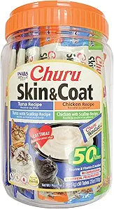 INABA Churu for Skin & Coat, Lickable, Squeezable Cat Treat with Omega Oils, Taurine and Vitamin E, 0.5 Ounces Each Tube, 50 Tubes, Skin & Coat Variety