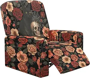 Skull Recliner Slipcovers 4 Piece Retro Rose Floral Reclining Chair Cover 4 Pieces Non Slip Recliner Protector with Pockets Lazy Boy Stretch Furniture Covers, Black Cat