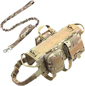 AIWAI Tactical Dog Harness with Pouches,Dog Vest Harness for Large Medium Dogs No-Pull Adjustable Military Dog Harness with Handle Walking Hiking Training (Camouflage(with Leash), XL)