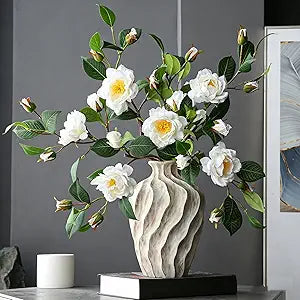 Artificial Fake Camellia Flowers Stems for Vase Decoration Faux Silk White Camellia Realistic for Indoor Living Room Bathroom Dining Room
