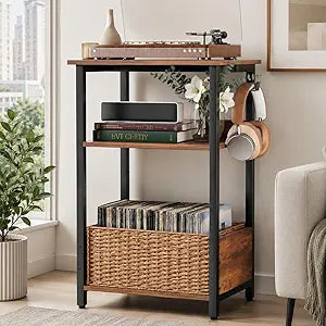 3-Tier Record Player Stand & Vinyl Storage Cabinet Turntable Side/End Table with Album Rack | Modern Heavy-Duty Media Console Furniture for Living Room, Bedroom | Rustic Wood Finish