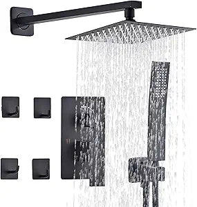 Shower Faucet Set Matte Black Complete Shower System with 8 Inches Rain Shower Head and Handheld Spray Bathroom Rain Shower Faucet Set Rainfall Shower System with Shower ValveRY3-LYQ2-Black