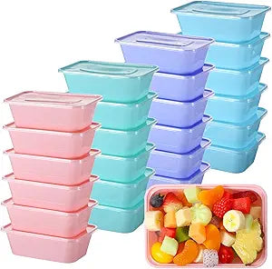 Bokon 60 Pcs 25 oz Disposable Meal Prep Containers Bulk Plastic Colorful Food Storage Containers with Lids Bento Box Take Away Food Container Microwave Dishwasher Freezer Safe (25 oz)