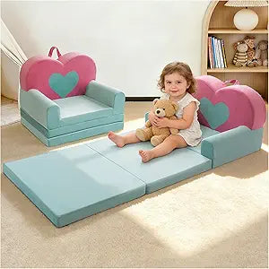 2 in 1 Toddler Couch Kids Sofa, Fold Out Foam Couch Convertible to Lounger, Soft Plush Toddler Sofa for Playroom, Kids Furniture Gift for Birthday Childrens Day, Pink Heart