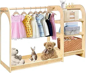 homegroove Kids Dress Up Storage with Mirror, 31.5 Inch Kids Wardrobe Closet with Storage Shelf for Little Girls and Boys, Wooden Costume Organizer for Bedroom Classroom Playroom Furniture