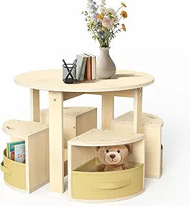 bbgroundgrm Table and Chair Set with 4 Storage Stools, Round Shaped Nesting Design, Activity Table for Play/Art/Reading/Craft, Natural
