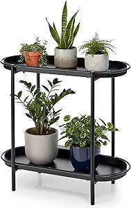 Large Metal 2-Tier Multi-Purpose Stand Sleek Black Indoor/Outdoor Oval Shelving Unit; Modern Storage Rack for Home Decor, Books, Bathroom Essentials, or Plants