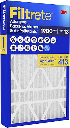 Filtrete 413 Air Filter, AprilAire 413 Replacement Filters, MERV 13, MPR 1900, Allergens, Bacteria, Viruses & Air Pollutants, 12-Month AC/Furnace Filters, Cleaner Air, Reliable Airflow, 1 HVAC Filter