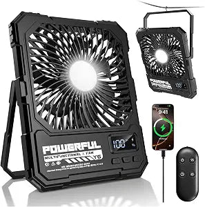 yAyusi 20000mAh Rechargeable Camping Fan, Ultra-Slim 8" Battery Powered Portable Travel Fan with Light&Remote, Maximum Battery Life of 82 Hours, Hook for Tent, Outdoor Home (Black)