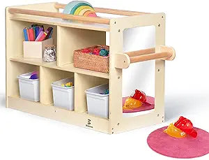 Toddler Montessori Toy Storage Cabinet w/Side Vertical Mirror, 5-Compartment Baby & Preschool Cubbies w/ 2 Top Sided Handrails, Little Kids Play & Learn Furniture for Home, Classroom