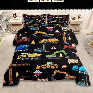 Feelyou Construction Vehicles Bedding Set Soft for Boys Girls, Black Excavator Comforter Set Twin Size Equipment Trucks Duvet Quilt Microfiber Bedroom Decor 2 Pcs with 1 Pillow Cases
