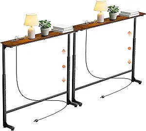 GRLEAF 2 Pack Adjustable Height Narrow Console Table with Power Outlets, 70" Long Sofa Table with Charging Station Behind Couch Table Entryway Table for Living Room and Hallway Rustic Brown