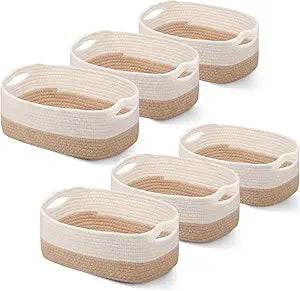 Sawysine 6 Pcs Storage Baskets Bulk for Organizing Cotton Rope Woven Basket with Handles for Gift Cloth Shelves Blanket Toys Living Room(Khaki and White)