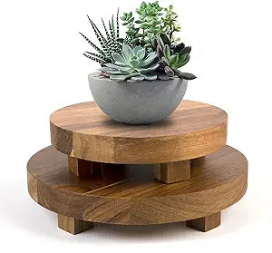 Wood Pedestal Stand 2Pcs 7-9 Inch Round, Natural Acacia Wood Risers for Decor, Farmhouse, Kitchen/Bathroom Counter, Plant Stand