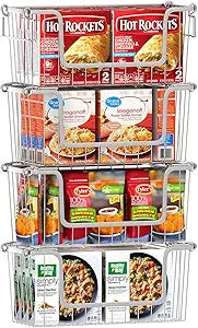 Orgneas Stacking Freezer Organizer Bins for 5.0Cu.Ft Chest Freezer, Small Stackable Chest Freezer Baskets Metal Wire Kitchen Pantry Storage Open Front Deep Freezer Bins with Foldable Handles, Set of 4