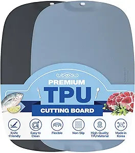 TPU Cutting Board Set of 2 11" x 16" with Handle Juice Groove - Flexible Cutting Mats for Kitchen, Knife Friendly Non-Slip Chopping Board, Scratch Resistant Blue Gray