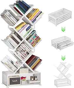 Gintan 9-Tier Corner Bookshelf with Storage,Bedroom Shelves Folding Bookshelves,No Installation Required Shelf Tree Bookcase for Living Room,Study,Home Office,Bed Room (White)