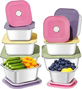8-Piece Stainless Steel Food Storage Containers Set with 4 Colorful Lids Airtight & Leakproof for Meal Prep, Lunch, Leftovers BPA-Free, Dishwasher Safe Durable Kitchen & Office Organizers