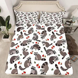 Feelyou Cute Raccoons Bedding Fitted Sheet Cartoon Raccoon Bed Sheet Set for Kids Boys Girls Lovely Fruits Leaves Decor Bedding Sheets Grey Animal Bed Cover with 1 Pillowcase 2Pcs Bedding Twin