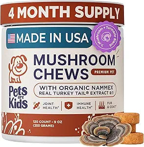 Pets are Kids Turkey Tail Mushroom for Dogs with Organic Real Turkey Tail - 8:1 Extract Mushroom Chews for Immune System Health, Gut, Skin & Joint Support - Reishi, Lion's Mane - 120 Chews