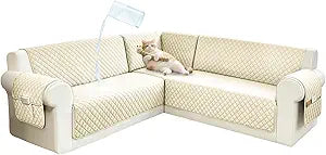 Sectional Couch Covers for Dogs 100% Waterproof Corner L Shaped Sofa Cover Pet Friendly Velvet Washable Anti Slip L Shape Modular Sofa Slipcover Protector with Pockets (Ivory White, XX-Large)