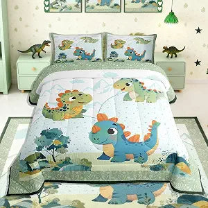 Feelyou Cartoon Dinosaur Kids Comforter Set Twin Size Tree Pattern Bedding Set Cute Cartoon Duvet Quilt for Kids Boys Girls Bedroom Decor Microfiber Ultra Soft Breathable