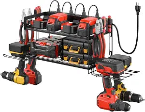 CCCEI Garage Tools Storage with Charging Station. Power Tool Battery Organizer Utility Shelf with Power Strip. 4 Drills Holder Wall Mount Rack, Black.