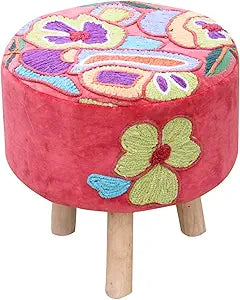 Pink Velvet Embroidered Round Footstool 16" Handcrafted Floral Foot Stool with Removable Washable Cover Soft Cotton Velvet Boho Accent Stool for Bedroom & Living Room Elke