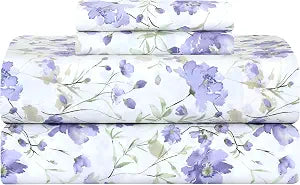Feather & Stitch Softest 100% Cotton Sheets, 300 Thread Count Percale Weave Bedding, 16" Deep Pocket, Cooling Sheets, Breathable Bed Set, Hotel Premium Quality (King, Violet Breeze)