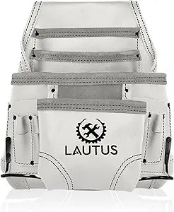 LAUTUS Oil Tanned Leather Tool Pouch Bag | White| Carpenter, Construction, Framers, Handyman | 10 Pockets, 2 Hammer Holders | 100% Leather