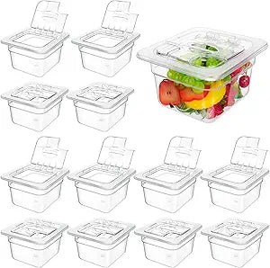 Geetery 12 Packs 4'' Deep Polycarbonate Food Pan with Lid 1/6 Size Stackable Plastic Pan Restaurant Food Storage Containers with Hinged Lids for Hotel Supplies (Clear)