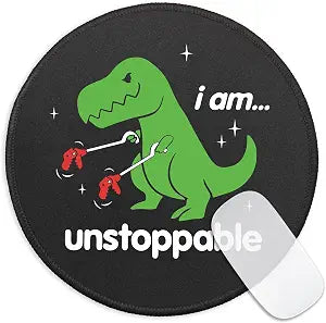 Funny T-Rex Round Mouse Pad, I Am Unstoppable Mousepad for Laptop Gaming, Inspirational Quote Mouse Mat with Non-Slip Rubber Base Stitched Edge for Wireless Computer Mouse Office Desk Decor