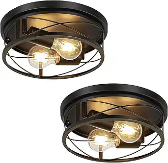 Farmhouse Lights,Black Industrial 2 Pack Round Metal Flush Mount Hallway & Bedroom Ceiling Lamp, Kitchen Round Lights (Bulbs Not Included)