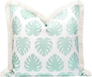 Hofdeco Premium Fall Coastal Patio Indoor Outdoor Pillow Cover Only, 20"x20" Water Repellent for Backyard, Couch, Muted Aqua Monstera Leaf Fringe