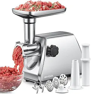 AIRMSEN Electric Meat Grinder & Mincer Heavy Duty Professional Stainless Steel Sausage Maker & Stuffer with 3 Plates, 2 Stainless Blades & Kubbe Kit Fast, Quiet, Easy to Clean for Home Kitchen Use