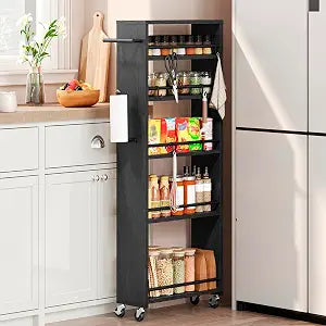 YATINEY 6 Tier Slim Storage Cart, Narrow Kitchen Cart with Wheels, Rolling Utility Cart with Handle and 6 Hooks, Space Saving Organizer for Kitchen, Bathroom, Laundry Room, Black BC11BB