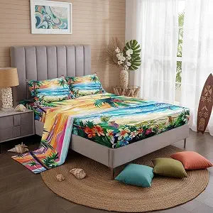 Manfei Hawaii Summer Fitted Sheet Set Full Size 4 Pcs,Seaside Tropical Flowers Coconut Palm Trees Teens Sheets,Watercolor Sunset Sky Paint Bedding Sets (1 Fitted,1 Flat,2 Pillowcases) Bed Sheets