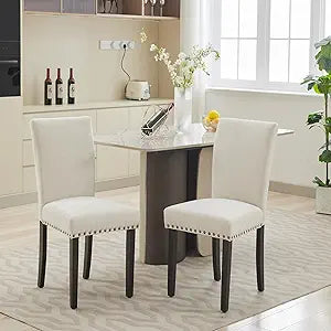 CABIHOME Set of 2 Upholstered Parsons Dining Chairs, Flax Kitchen Chairs with Nailhead Trim & Wood Legs, 300LBS Padded Flax Accent Chairs for Dining Room, Living Room, Beige