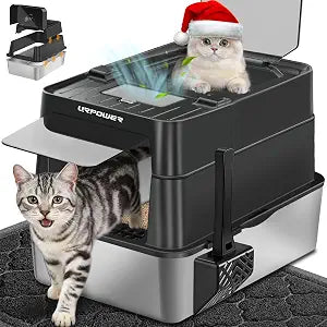 URPOWER Stainless Steel Cat Litter Box with 110 Flip-Top Lid, XL Enclosed Metal Litter Box for Large Cats, Odor Control, Anti-Urine Leakage, Non-Stick Pan, Front Entry Top Exit, Scoop & Mat Included