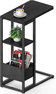 C Shaped End Table, Small Side Table for Couch, Recliner, Slide Under Sofa Tray Desk Snack Tables with Storage Bag for Living Room,Bedroom, Small Spaces - Black