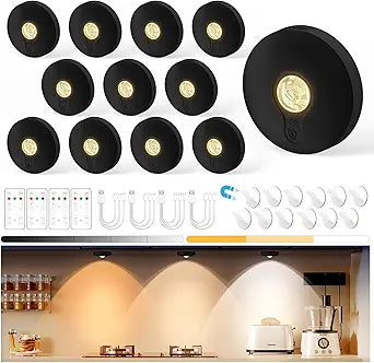 Yiliaw Rechargeable Puck Lights with Remote, 12 Pack Magnetic Under Cabinet Lighting, 1500mAh Battery Operated LED Tap Lights with Dimmer & Timmer for Kitchen, Closet, Shelf - 3 Color Temps, Black