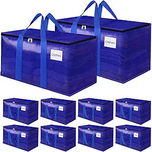 FabSpace 10Pack Moving Storage Bags, Moving Supplies Packing Boxes for Moving, Camping, College Dorm Room Essentials for Girls, Blue Tote Bags, 93L Heavy-Duty Storage Bins With Lids And Zippers
