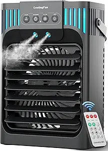 Portable Air Conditioner Cooling Fan with Remote, Quiet with 3 Speeds, 1200ml Personal Air Cooler Fan with 3 Mist, 7 Night Light, 8H Timer, Small Air Conditioner for Bedroom Office (black gray)