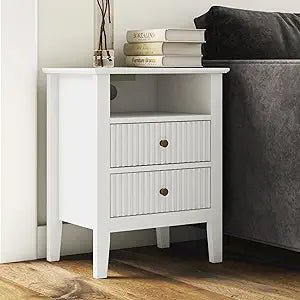 RoyalCraft White Nightstand with Charging Station, Fluted Night Stand for Bedroom, Small Sofa Table with 2 Storage Drawers Cabinet, Wood End Table for Bedroom