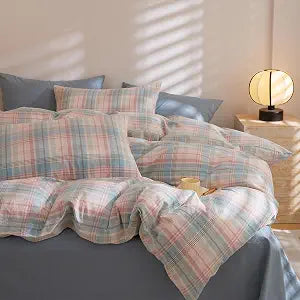 LifeTB Vintage Buffalo Plaid Duvet Cover Set King, 3 Piece Pink, Blue & Green Grid Washed Cotton Bedding Set, Soft Gingham Duvet Cover Breathable Comforter Cover Farmhouse Grid Bedding Set King