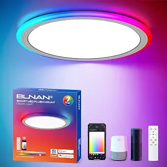 BLNAN Smart RGB LED Flush Mount Ceiling Light with Remote, 13 Inch 24W Dimmable Color Changing Low Profile Wired White Fixture, Works with Alexa Google Home App for Bedroom Living Kids Room Party