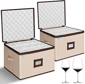 punemi Wine Glass Storage Box, Stemware Storage Case with 12 Padded Dividers, Hard Shell Support & Dustproof Lid, Stackable Glassware Containers for Wine Glasses, Goblets, Beige, 2 Pack